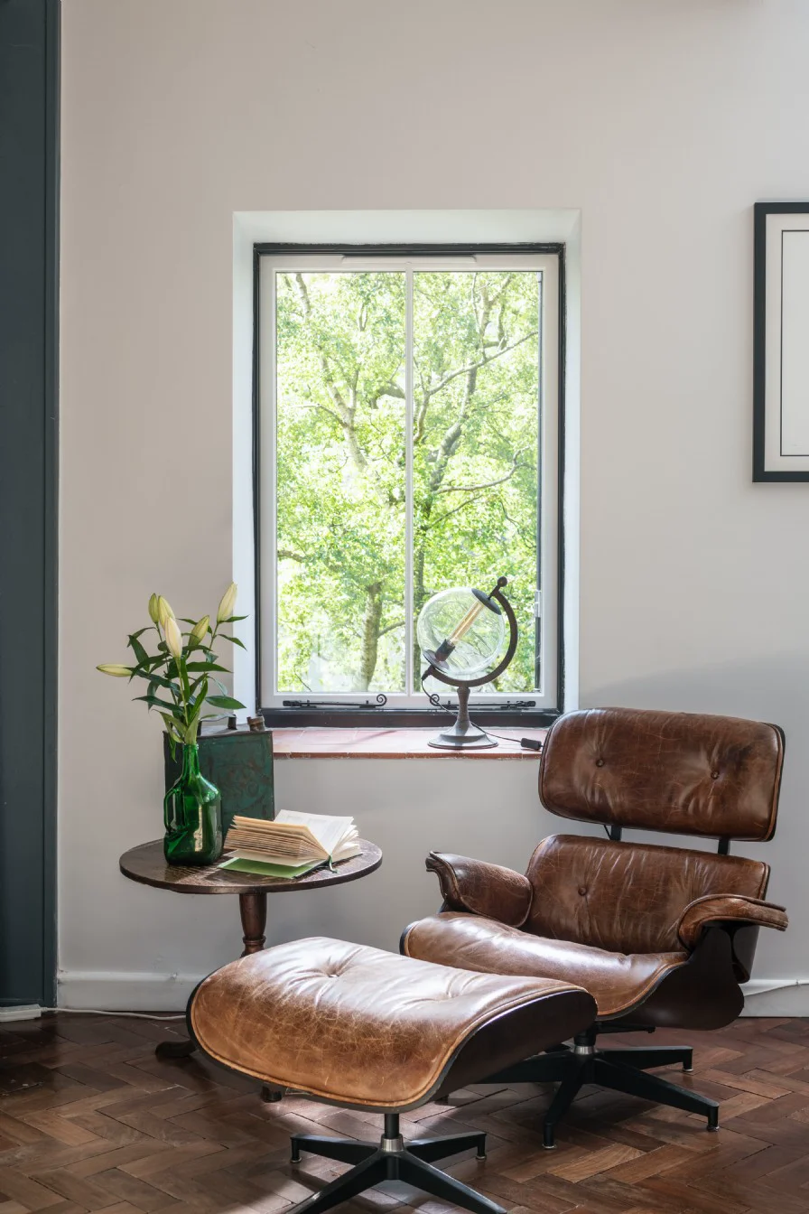 Cozy reading nook with forest views