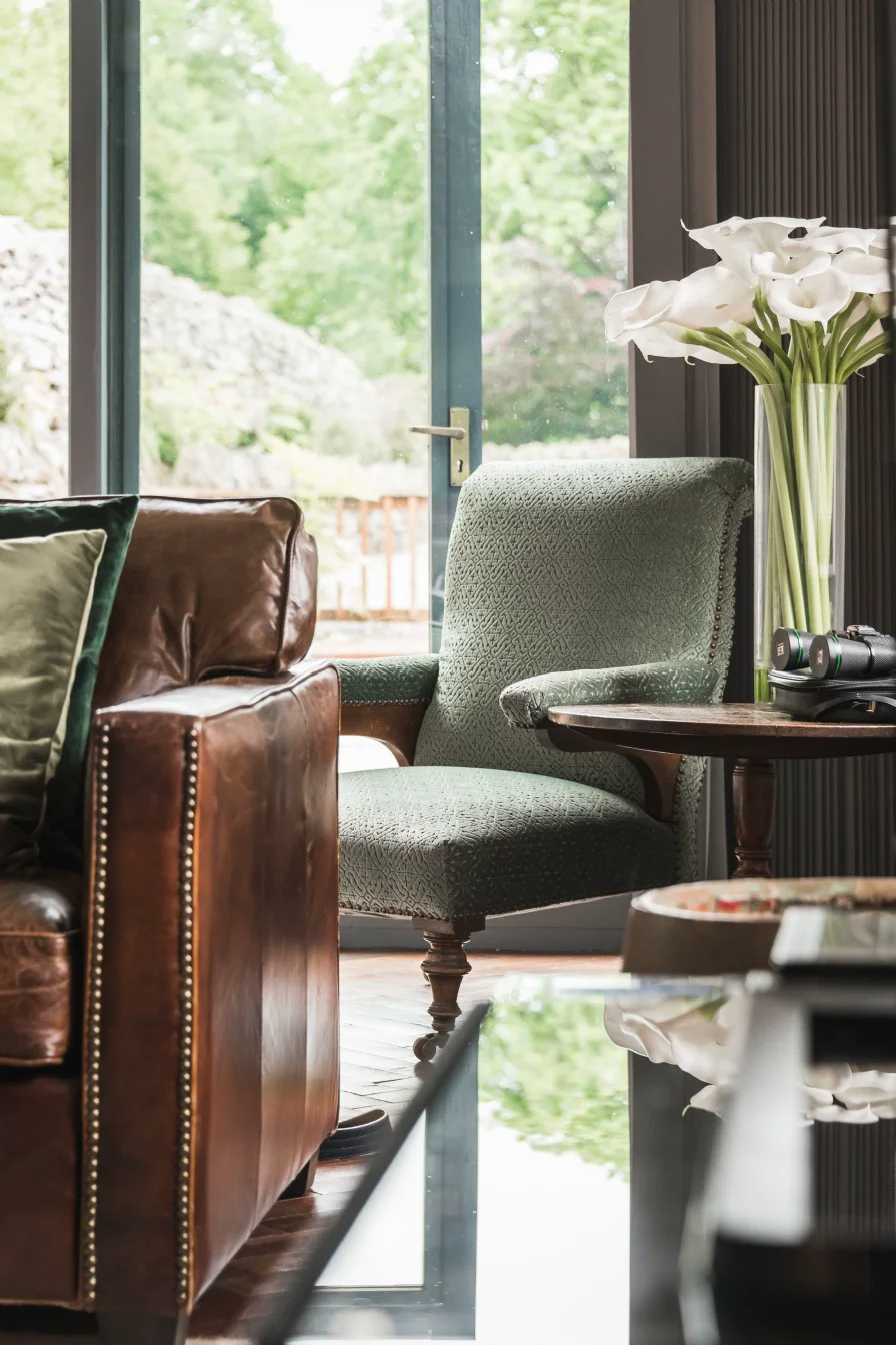 Elegant seating area with lake views